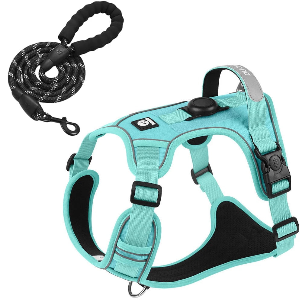 Harnais tactique anti-traction Compagnon & Co bleu turquoise avec support AirTag, bandes réfléchissantes et laisse assortie
