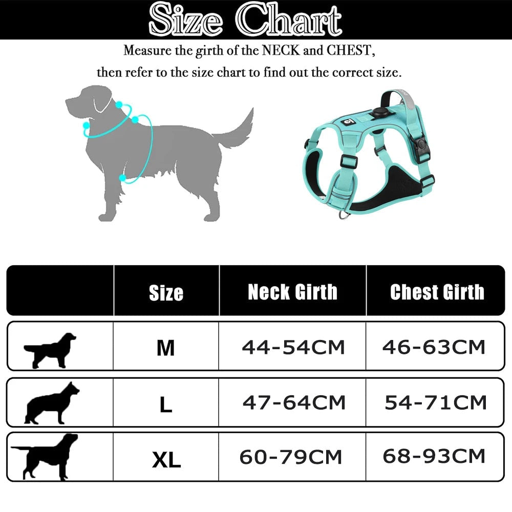 Tableau des tailles pour harnais tactique Compagnon & Co bleu turquoise avec support AirTag pour chiens