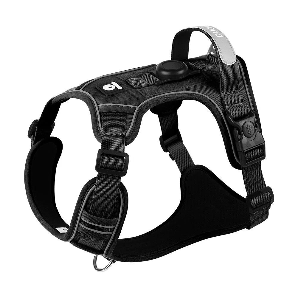 Harnais tactique noir Compagnon & Co en tissu Oxford avec support AirTag, bandes réfléchissantes et poignée de maintien