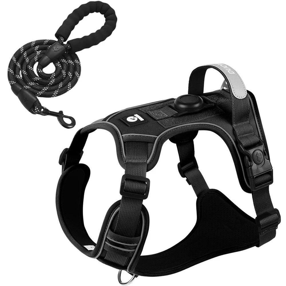 Harnais tactique noir Compagnon & Co avec support AirTag, bandes réfléchissantes et laisse assortie pour grand chien