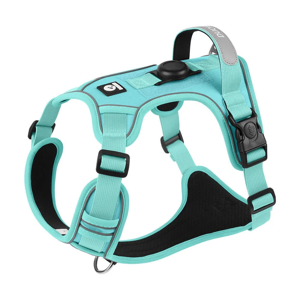 Harnais tactique anti-traction bleu turquoise Compagnon & Co avec support AirTag et bandes réfléchissantes